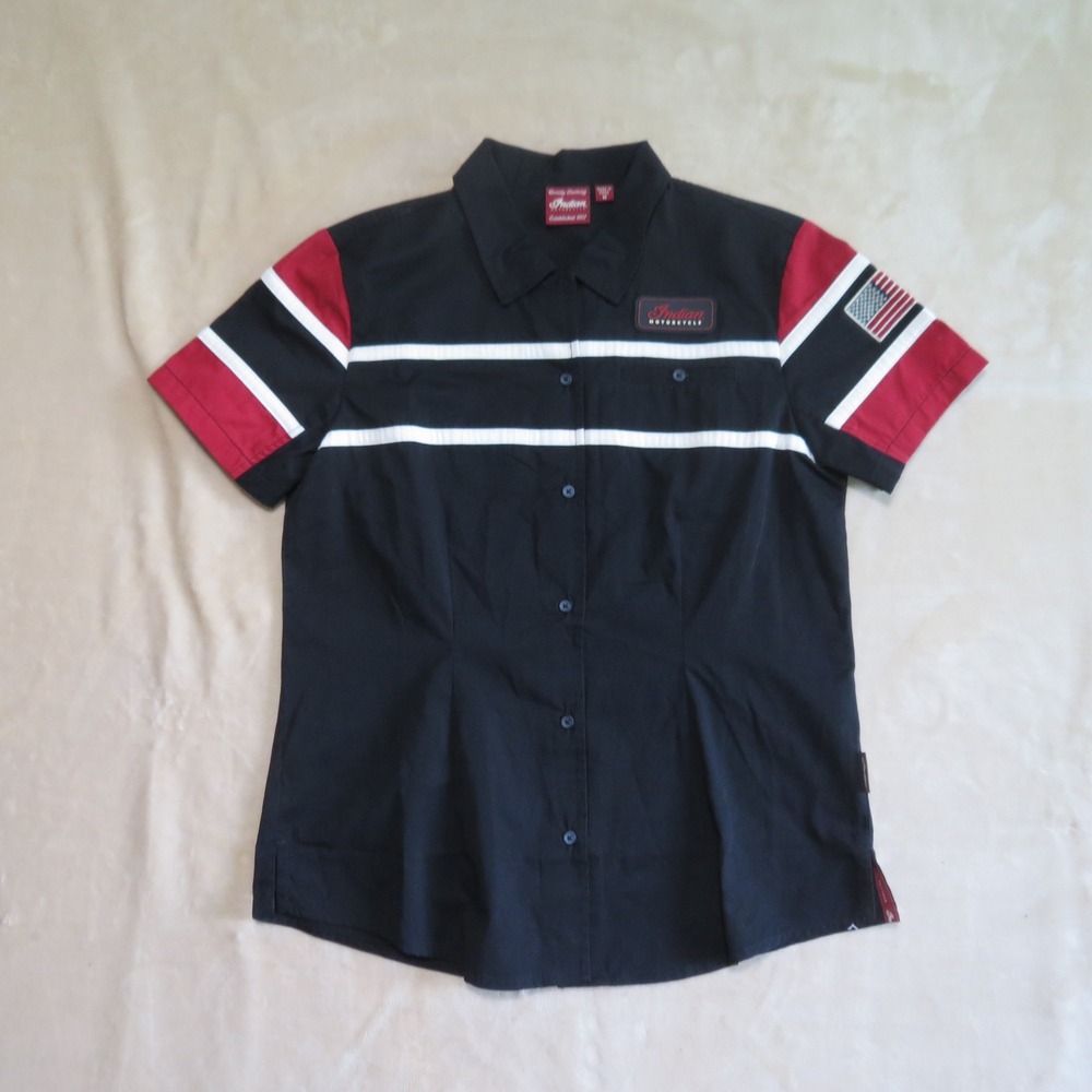 Indian Motorcycle Womens Black Red Racing Stripe Button Down Shirt Size M Logo